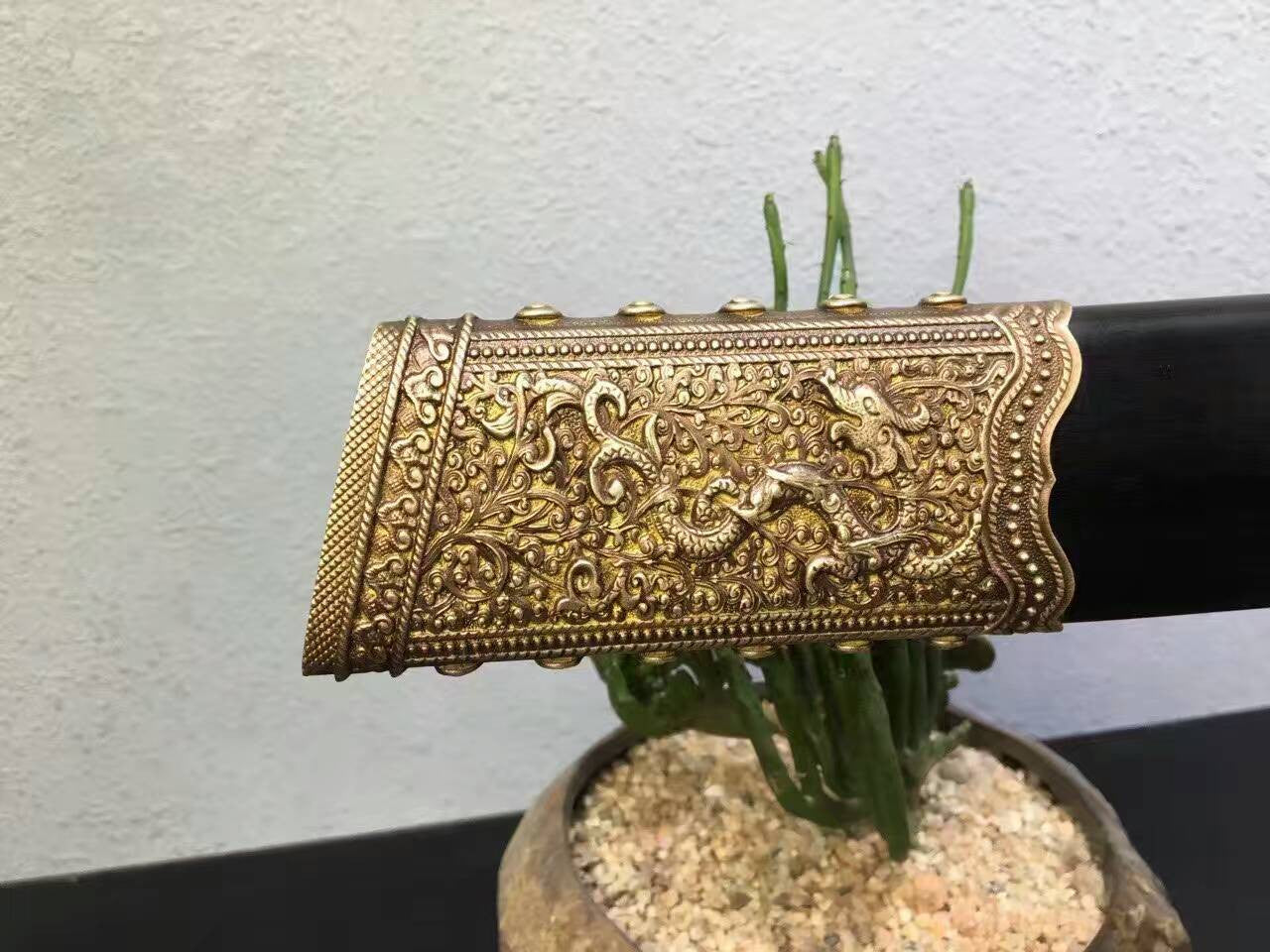Kangxi sword/T10 high carbon steel/Brass carved fitted/Black scabbard — alternate angle view 5