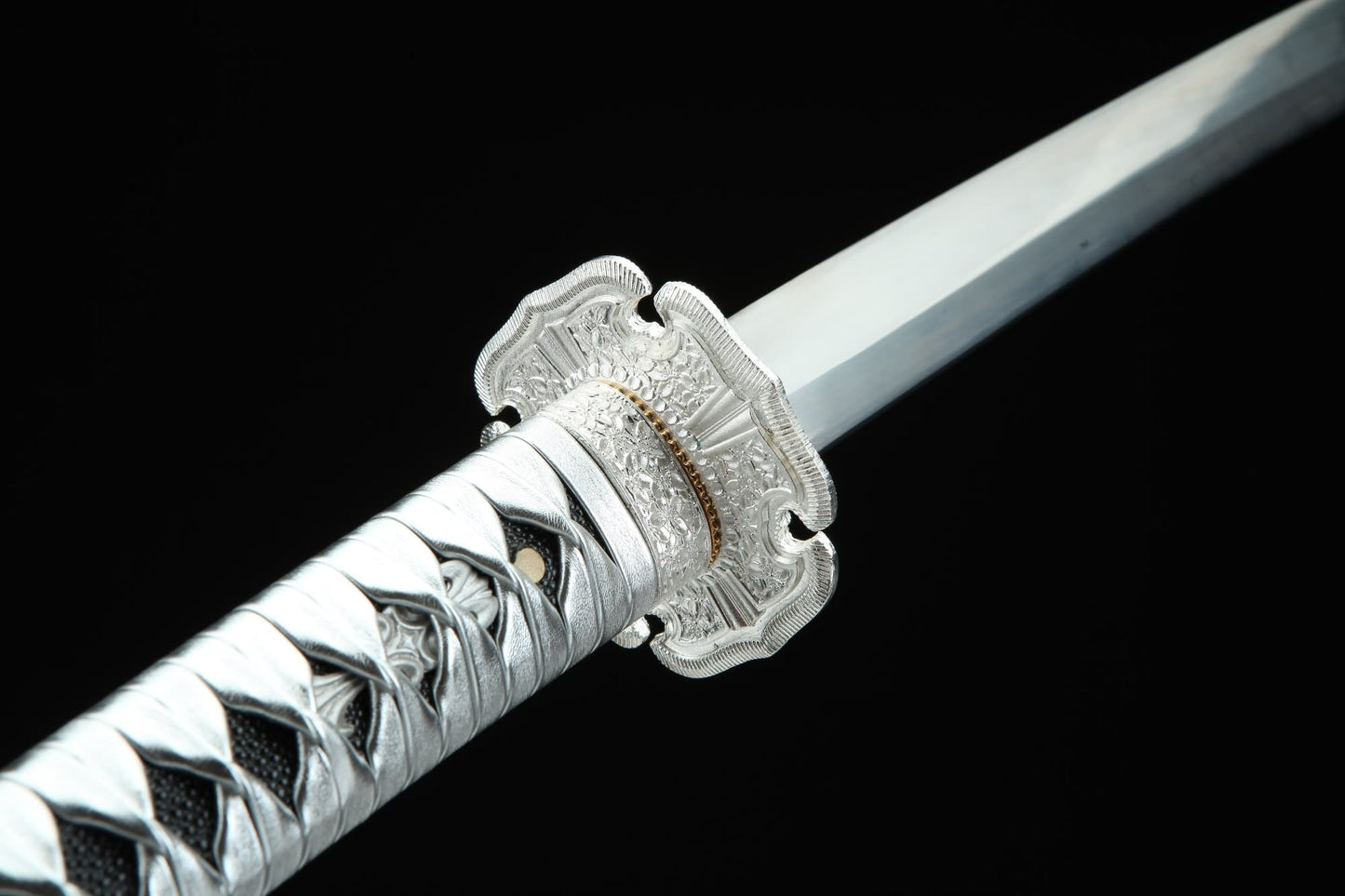 Japanese Tachi Sword – T10 Steel Blade with Ebony Wood Scabbard & Silver Wrap Handle — alternate angle view 5