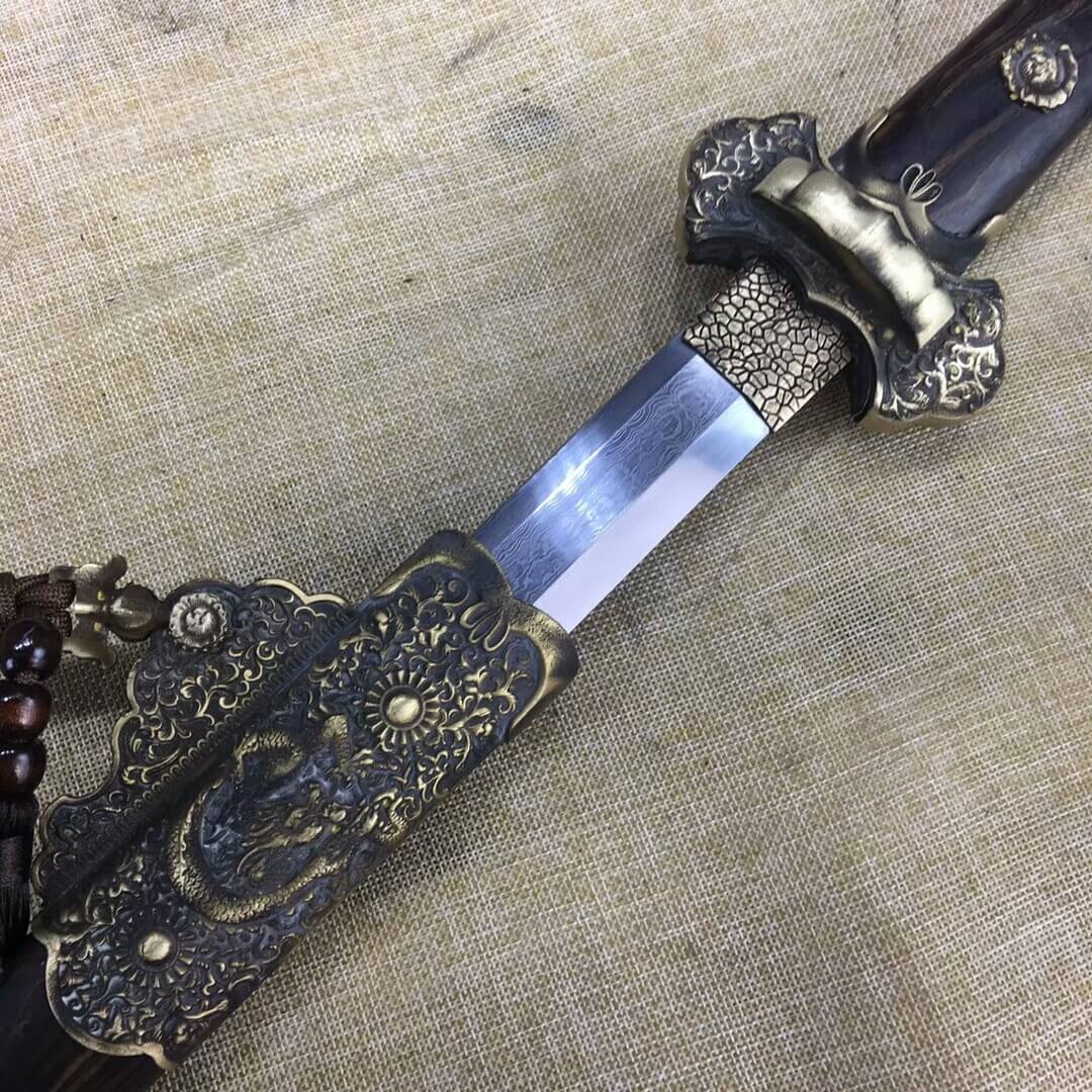 Damascus Steel Hexagonal Tang Dao with Brass Fittings – 39″ — alternate angle view 5