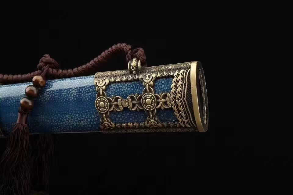 Yongle sword,Damascus steel blade,Blue skin scabbard,Brass — alternate angle view 5