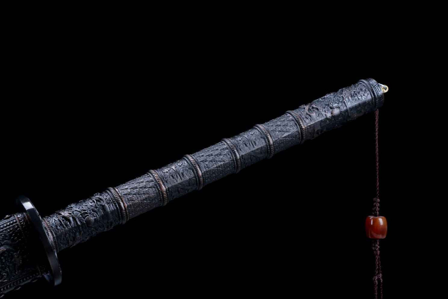 Kangxi Treasure Sword - High Carbon Steel Blade, Solid Wood Carved Scabbard — handle and fittings close-up