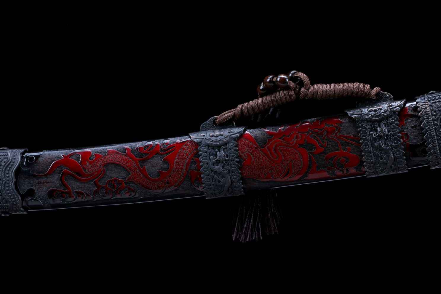 Kangxi Treasure Sword - High Carbon Steel Blade, Solid Wood Carved Scabbard — scabbard / saya detail