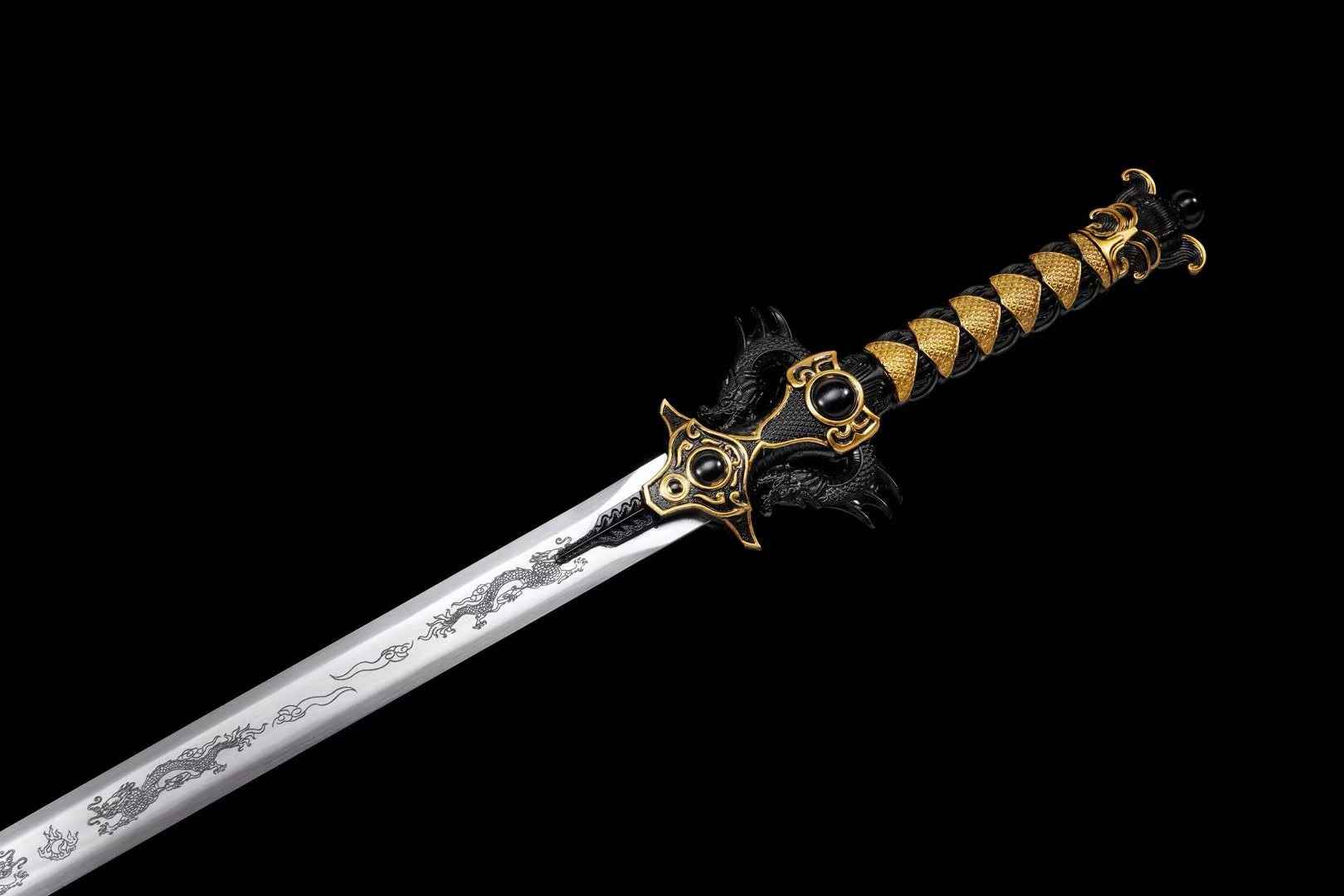 Double-Dragon Jian | Hand-Forged High Manganese Steel Chinese Sword with Dragon Engraving & Alloy Fittings — scabbard / saya detail