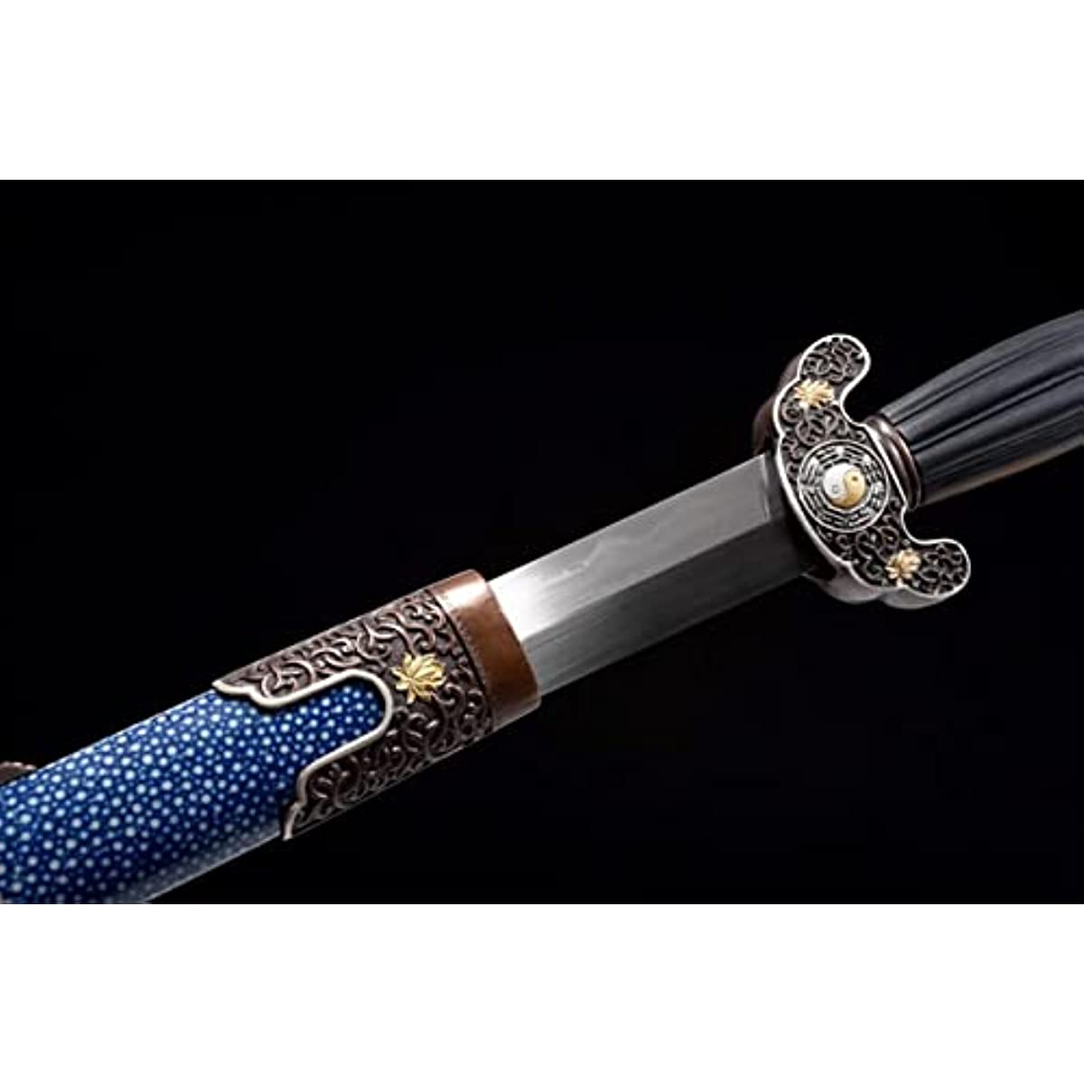 Tai Chi Eight Diagrams Sword Damascus Steel Burn Blades,Skin Scabbard,Brass Fittings — blade and hamon detail