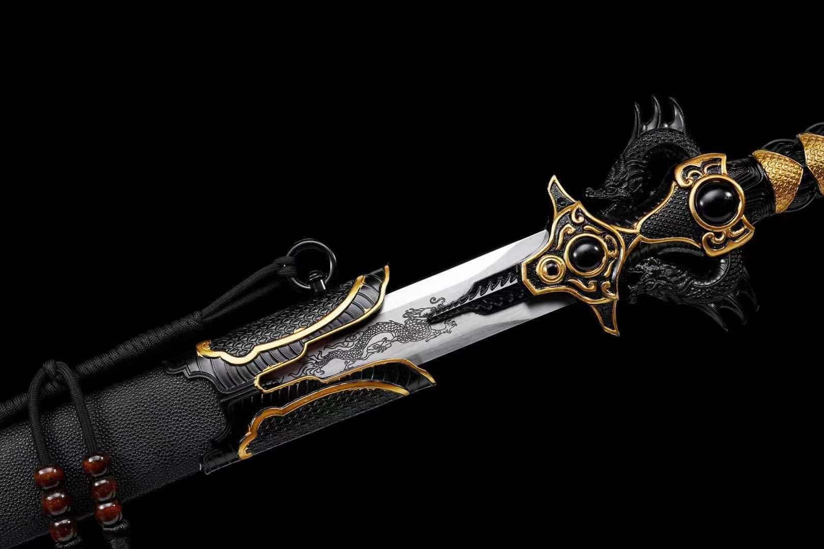 Double-Dragon Jian | Hand-Forged High Manganese Steel Chinese Sword with Dragon Engraving & Alloy Fittings — handle and fittings close-up