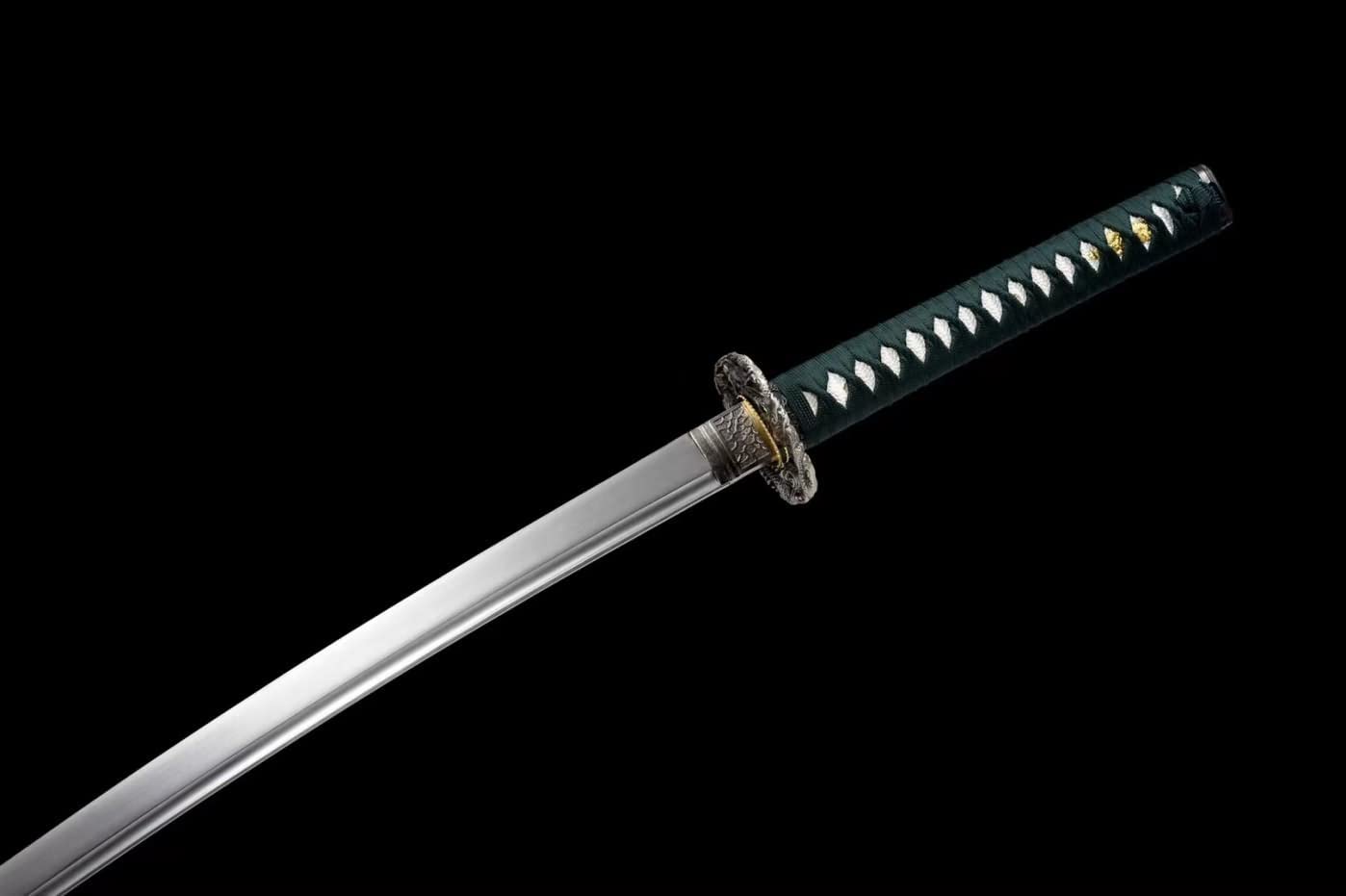 Sword Razor Sharp Samurai Forged Blade Kendo Green Scabbard — handle and fittings close-up