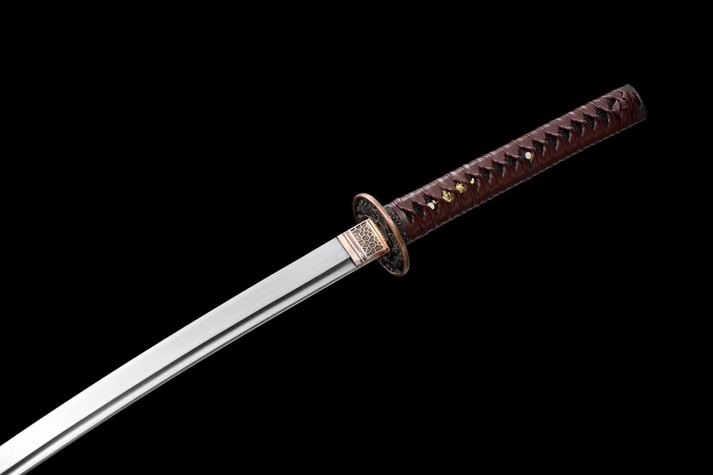 Samurai Swords Real Forged Blade Full Tang Kendo Fake Leather Scabbard — handle and fittings close-up