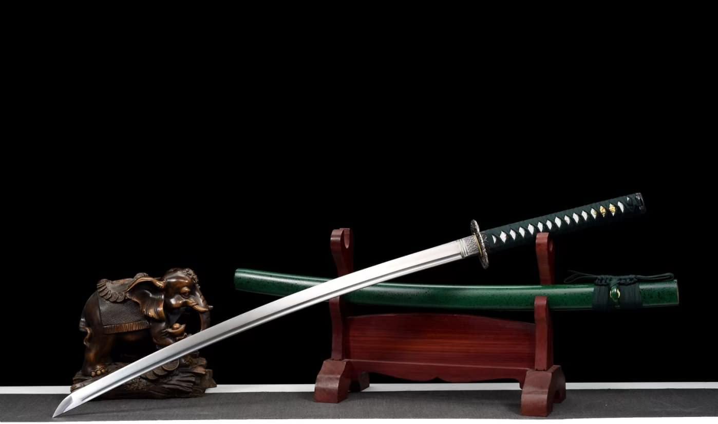 Sword Razor Sharp Samurai Forged Blade Kendo Green Scabbard — close-up detail view