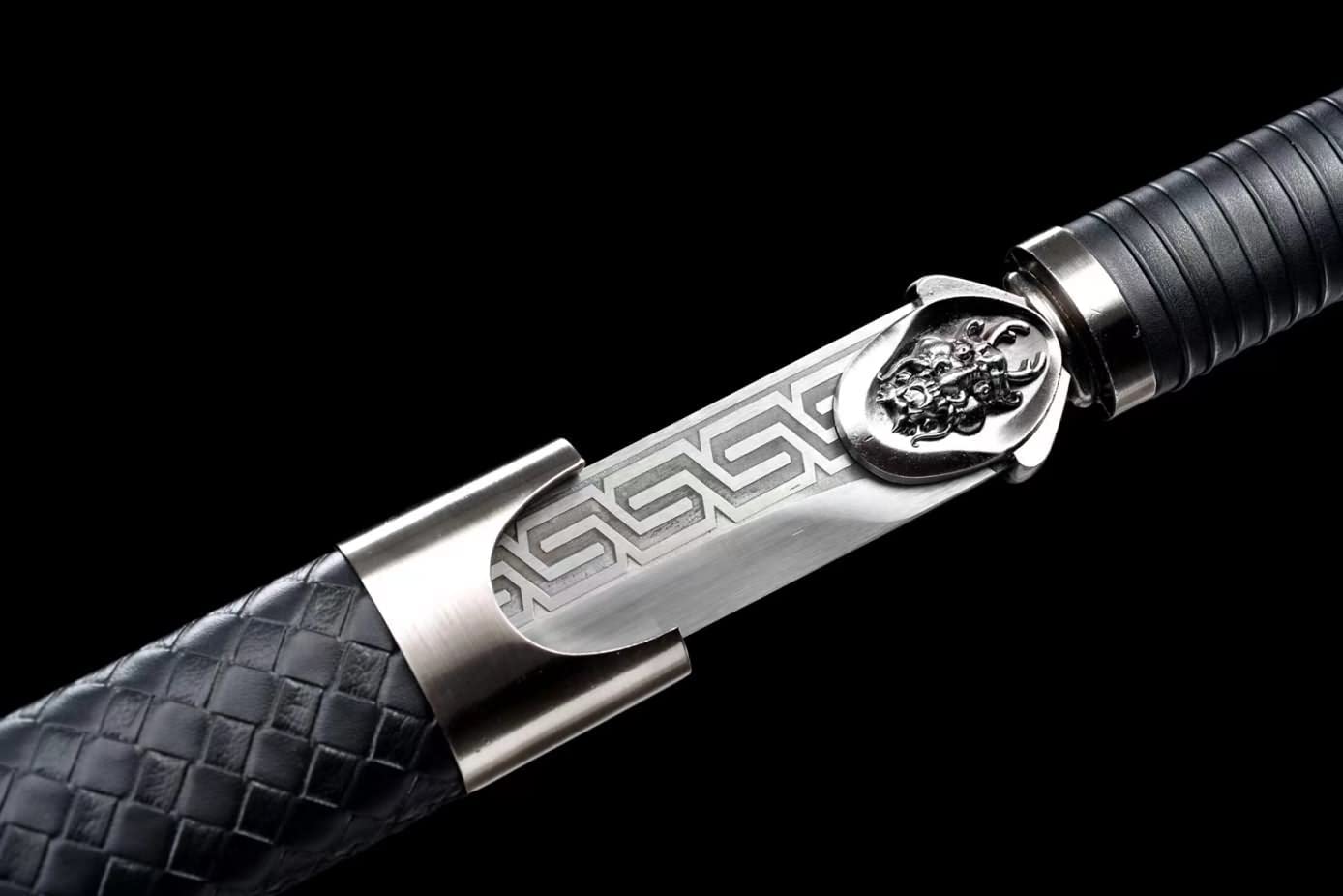 Tang Knife,Forged High Carbon Steel Blade,Alloy Fittings,Cut Tree — handle and fittings close-up
