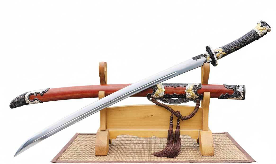 Crimson Dragon Qingdao | Hand-Forged Seven-Plate High-Carbon Steel Chinese Saber with Brass Fittings & Bloodwood Scabbard — Folded Damascus Steel Damascus Sword by DRACBLADE