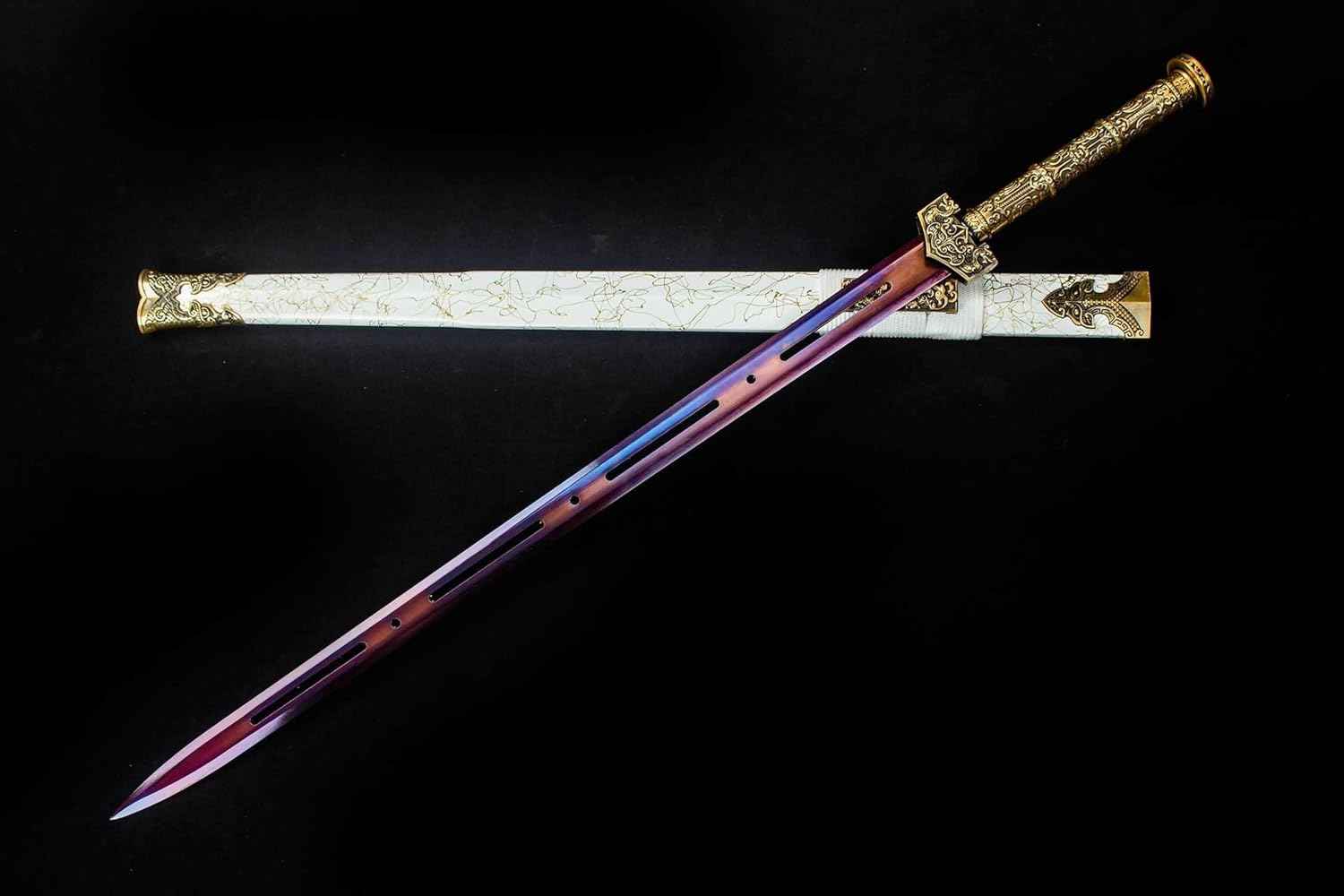 Hollow Brown Oxidized Han Jian with Dragon Alloy Guard — scabbard / saya detail