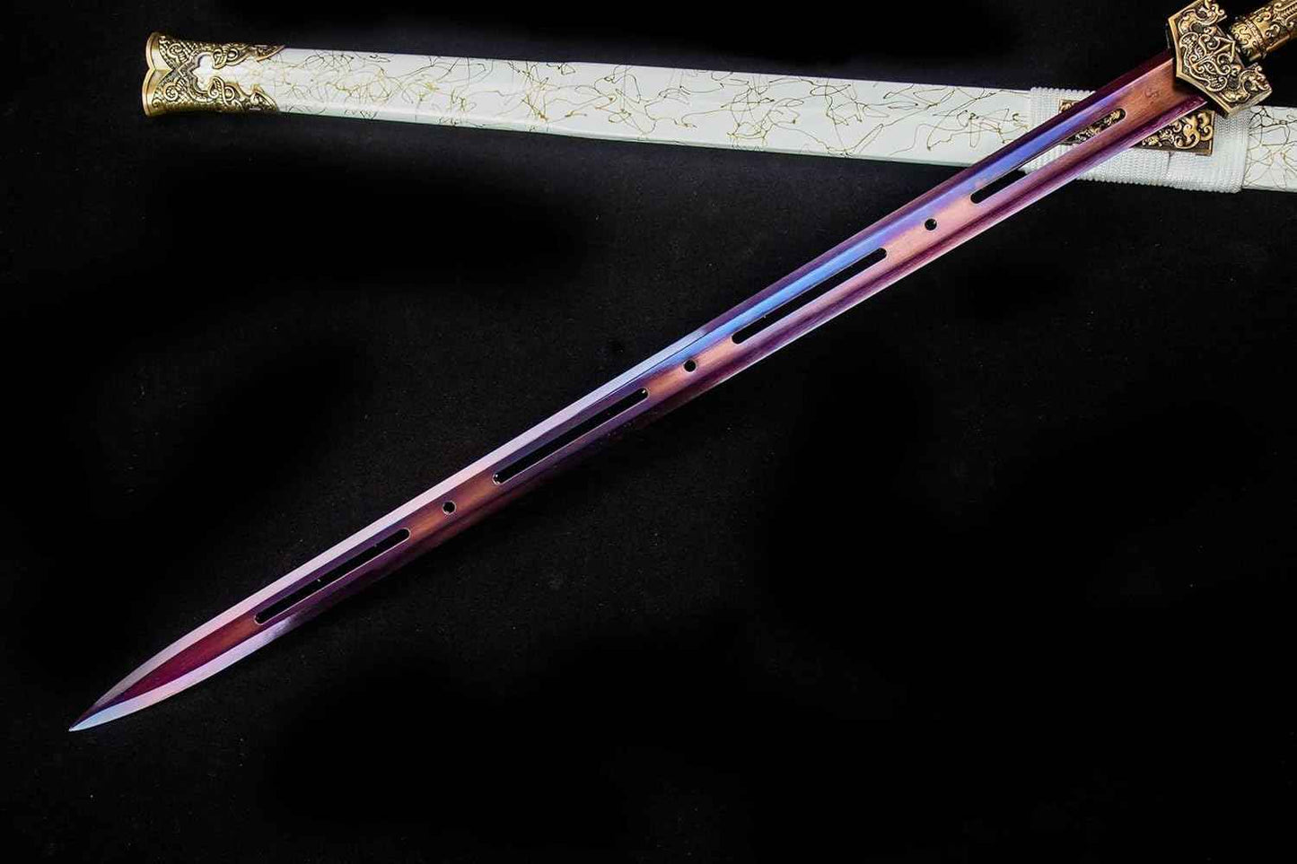 Hollow Brown Oxidized Han Jian with Dragon Alloy Guard — handle and fittings close-up