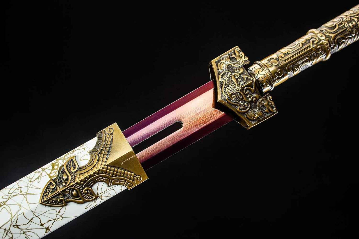 Hollow Brown Oxidized Han Jian with Dragon Alloy Guard — close-up detail view