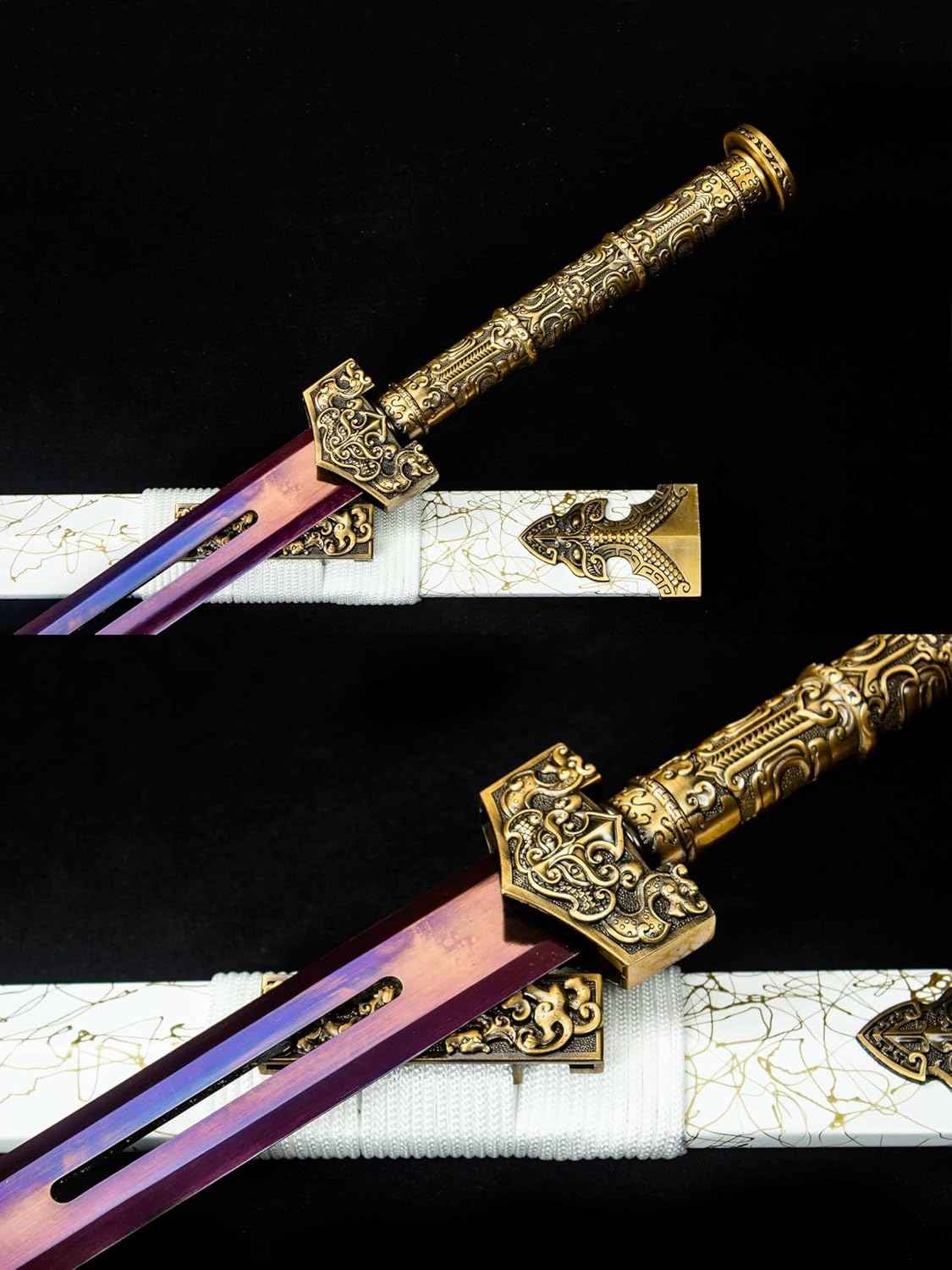 Hollow Brown Oxidized Han Jian with Dragon Alloy Guard — blade and hamon detail