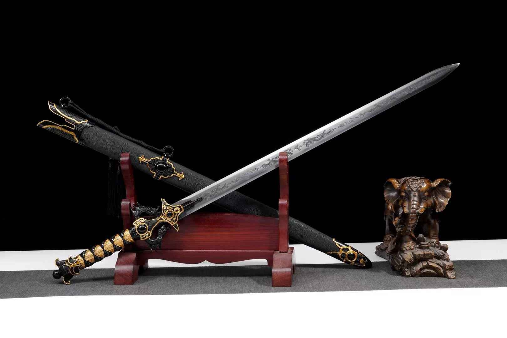 Double-Dragon Jian | Hand-Forged High Manganese Steel Chinese Sword with Dragon Engraving & Alloy Fittings — High Carbon Steel Chinese Sword by DRACBLADE
