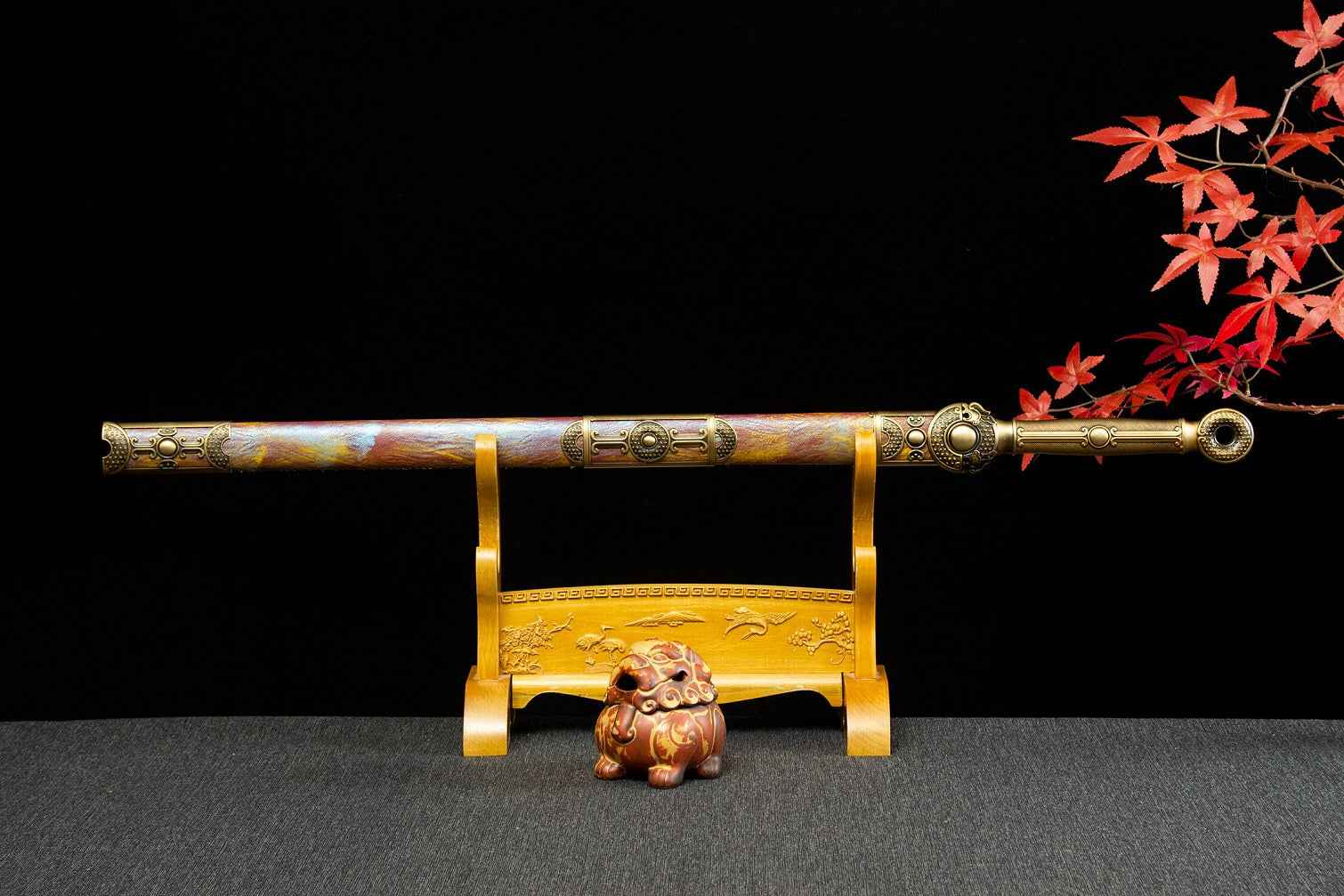 Gold Tang Jian Swords Real,Forged Hollow Blade,PU Scabbard,Alloy Fittings — blade and hamon detail