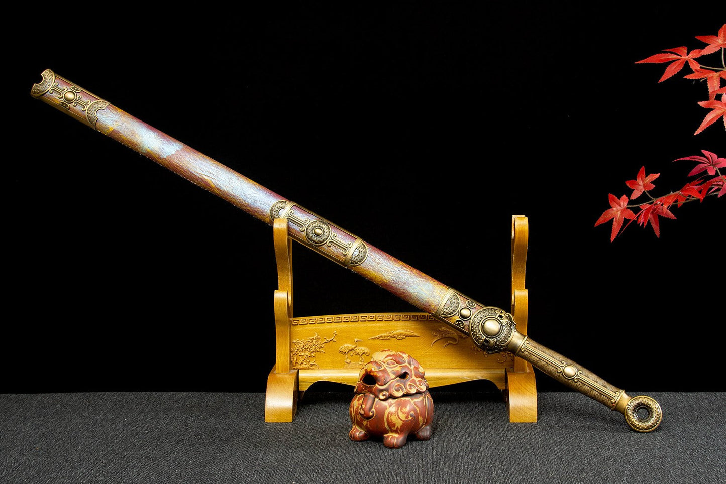 Gold Tang Jian Swords Real,Forged Hollow Blade,PU Scabbard,Alloy Fittings — scabbard / saya detail