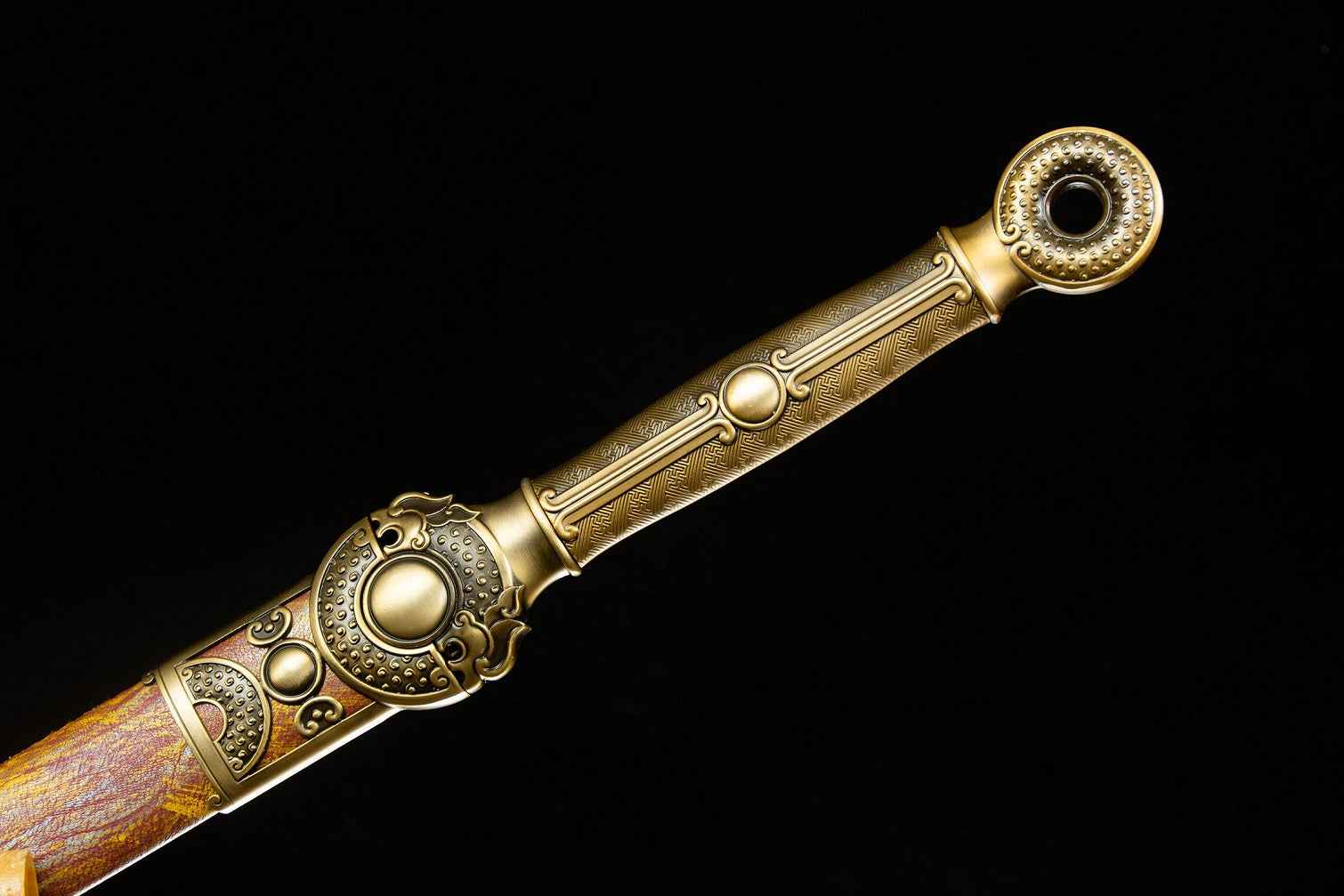 Gold Tang Jian Swords Real,Forged Hollow Blade,PU Scabbard,Alloy Fittings — close-up detail view