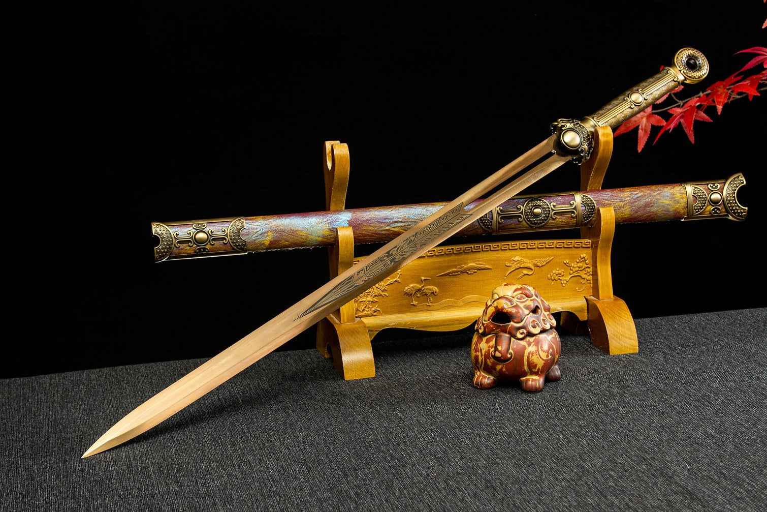 Gold Tang Jian Swords Real,Forged Hollow Blade,PU Scabbard,Alloy Fittings — Premium Steel Chinese Sword by DRACBLADE
