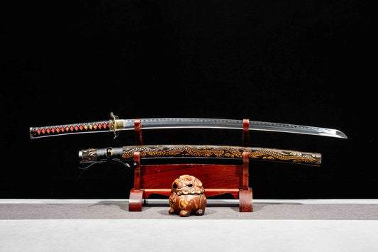 Kotesugiri-Style Katana – 40.7″ T10 Clay-Tempered Blade with Lacquered Wood Saya — T10 Steel Samurai Sword by DRACBLADE