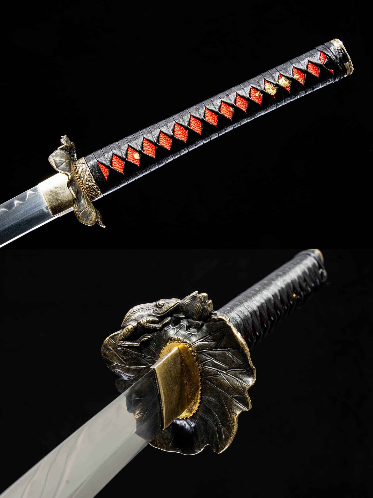 Kotesugiri-Style Katana – 40.7″ T10 Clay-Tempered Blade with Lacquered Wood Saya — handle and fittings close-up