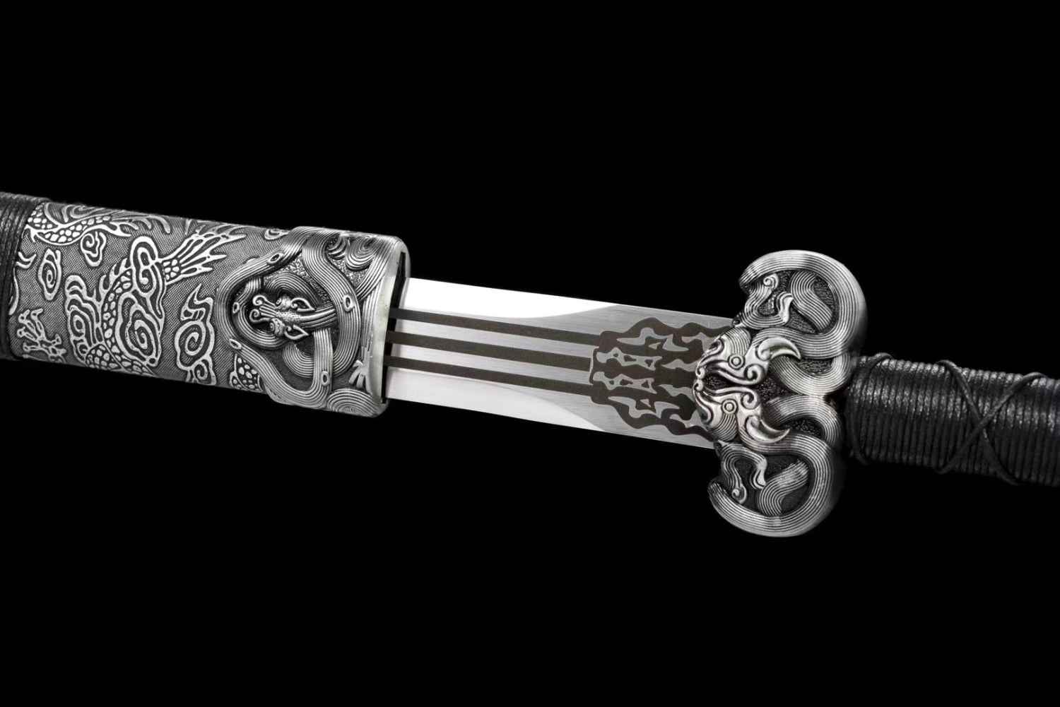 Han Sword - High Carbon Steel Blade, Silver Gray Scabbard - Martial Arts Weapon — close-up detail view