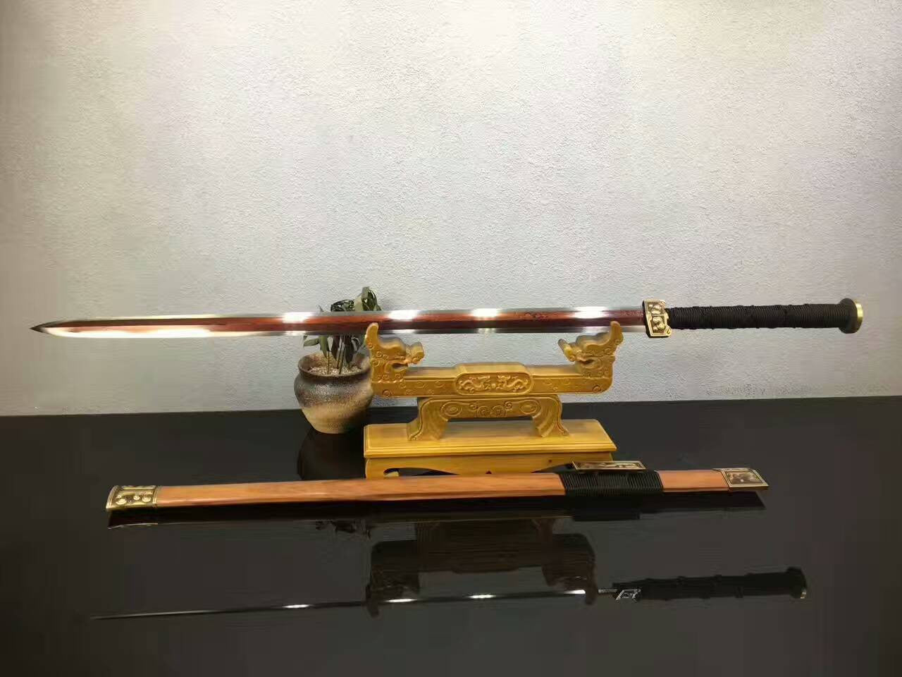 Dragon han sword,Folding steel blade,Acid wooden scabbard/Brass fittings — scabbard / saya detail