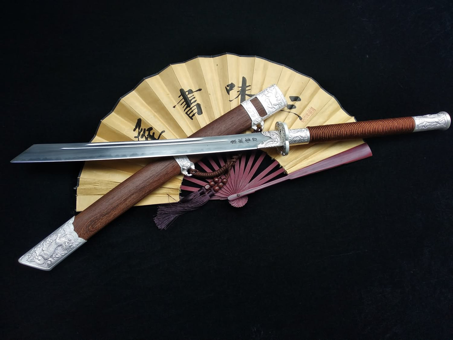 Kangxi Dao,Broadsword,High carbon steel burn Blade,Rosewood — scabbard / saya detail