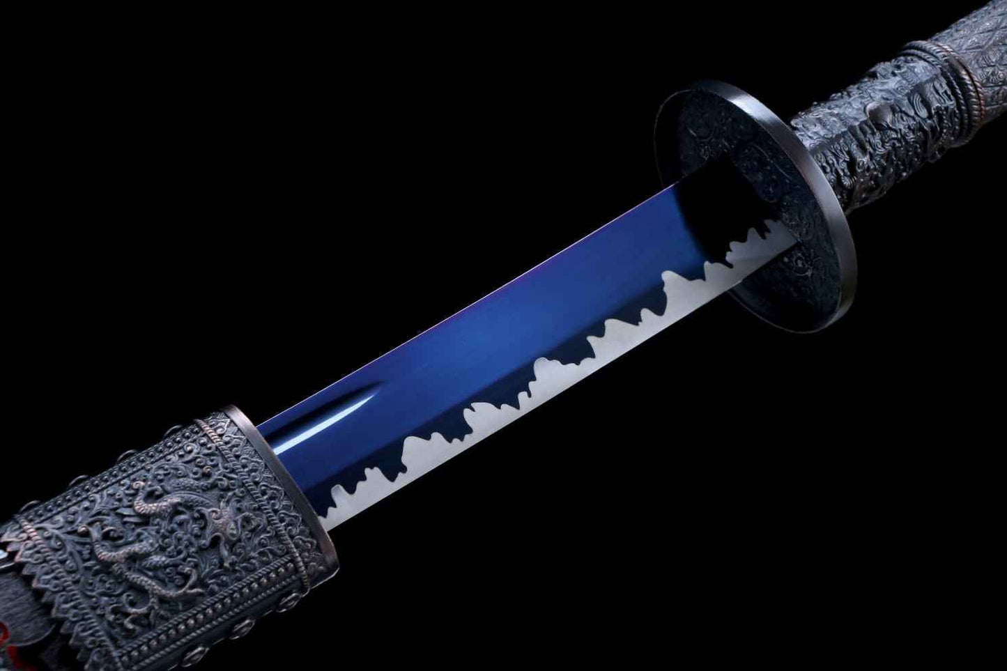 Kangxi Treasure Sword - High Carbon Steel Blade, Solid Wood Carved Scabbard — close-up detail view