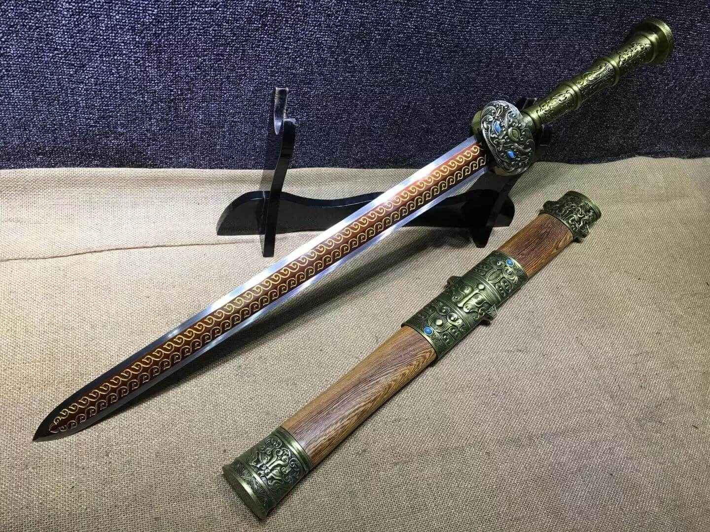 Fengyun jian,High manganese steel blade,Rosewood scabbard,Alloy fitting — handle and fittings close-up