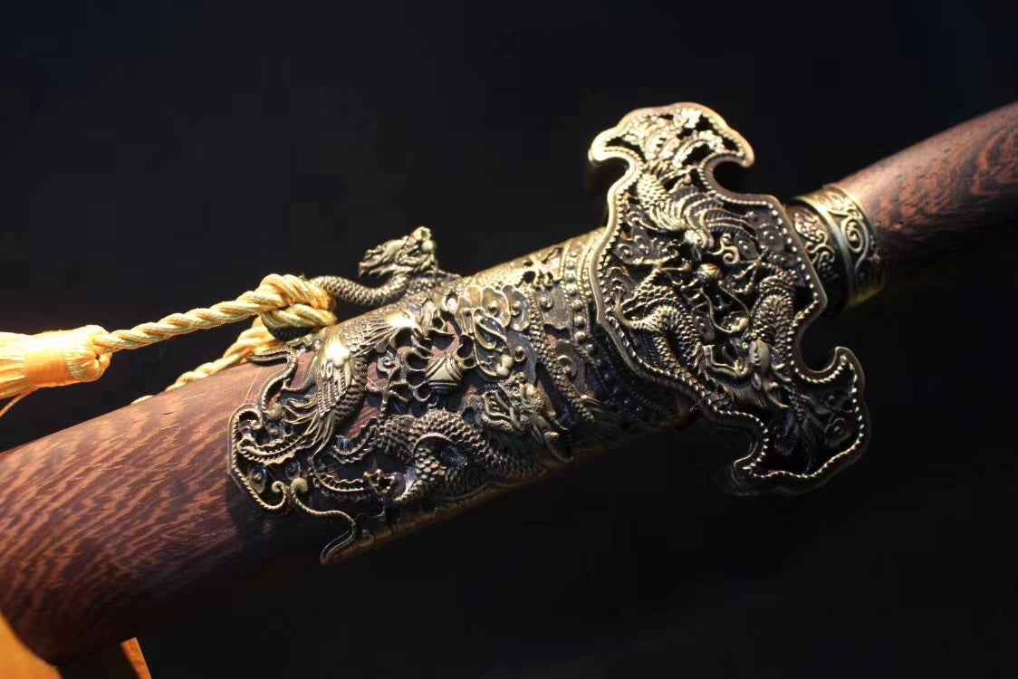 Dragon Sword,Medium carbon steel etch blade,Rosewood,Alloy — blade and hamon detail