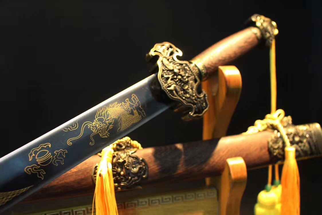 Dragon Sword,Medium carbon steel etch blade,Rosewood,Alloy — close-up detail view