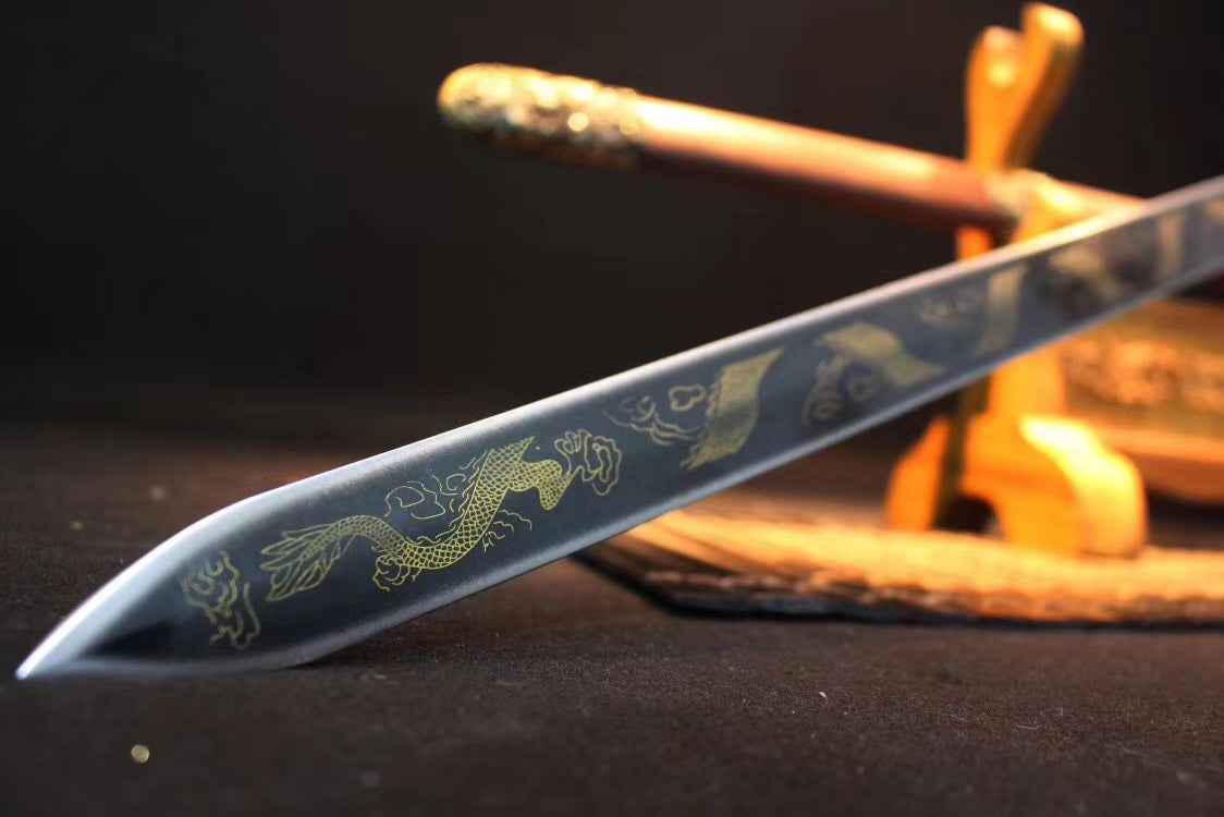 Dragon Sword,Medium carbon steel etch blade,Rosewood,Alloy — handle and fittings close-up