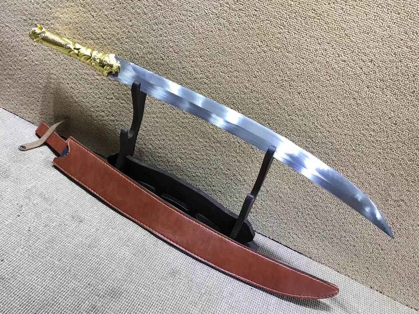 Hunting knife,High carbon steel,Brown  scabbard,Alloy fitting,Length 31 inch — close-up detail view