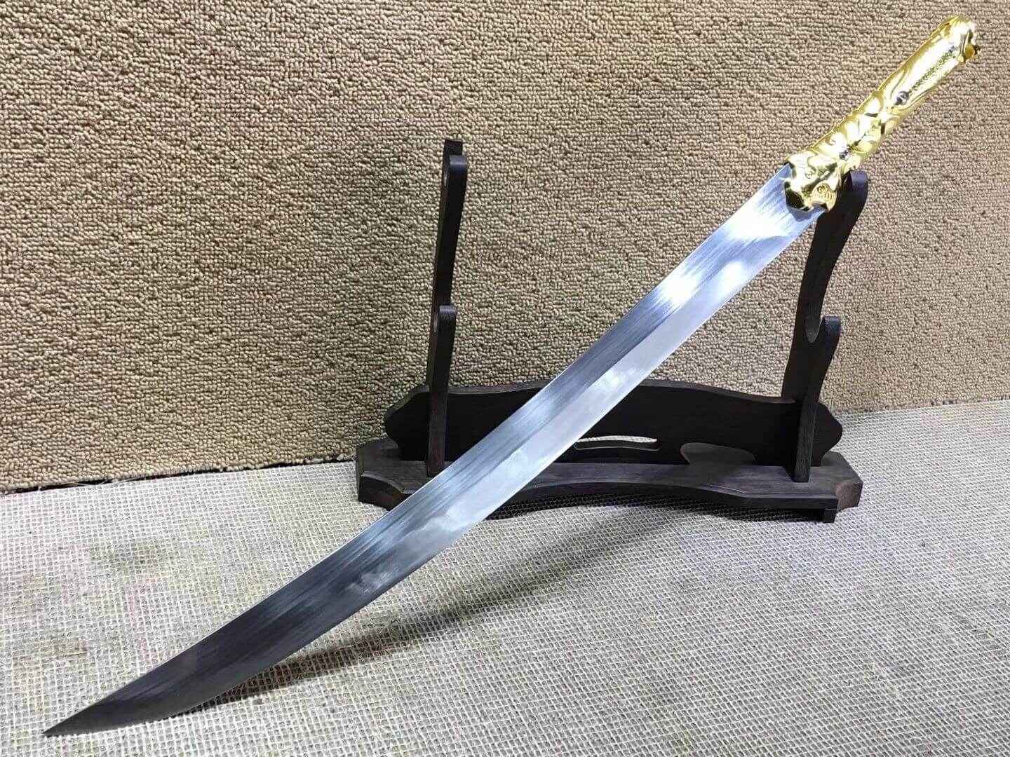 Hunting knife,High carbon steel,Brown  scabbard,Alloy fitting,Length 31 inch — blade and hamon detail