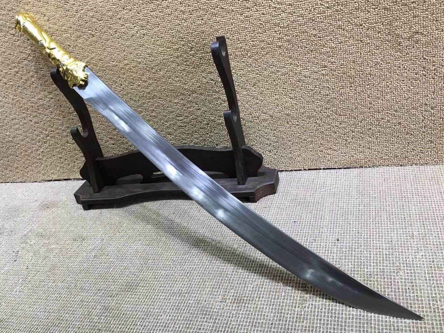 Hunting knife,High carbon steel,Brown  scabbard,Alloy fitting,Length 31 inch — handle and fittings close-up
