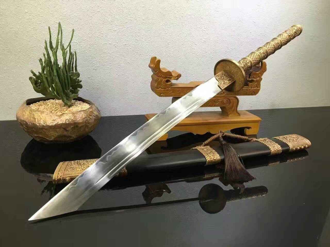 Kangxi sword/T10 high carbon steel/Brass carved fitted/Black scabbard — close-up detail view