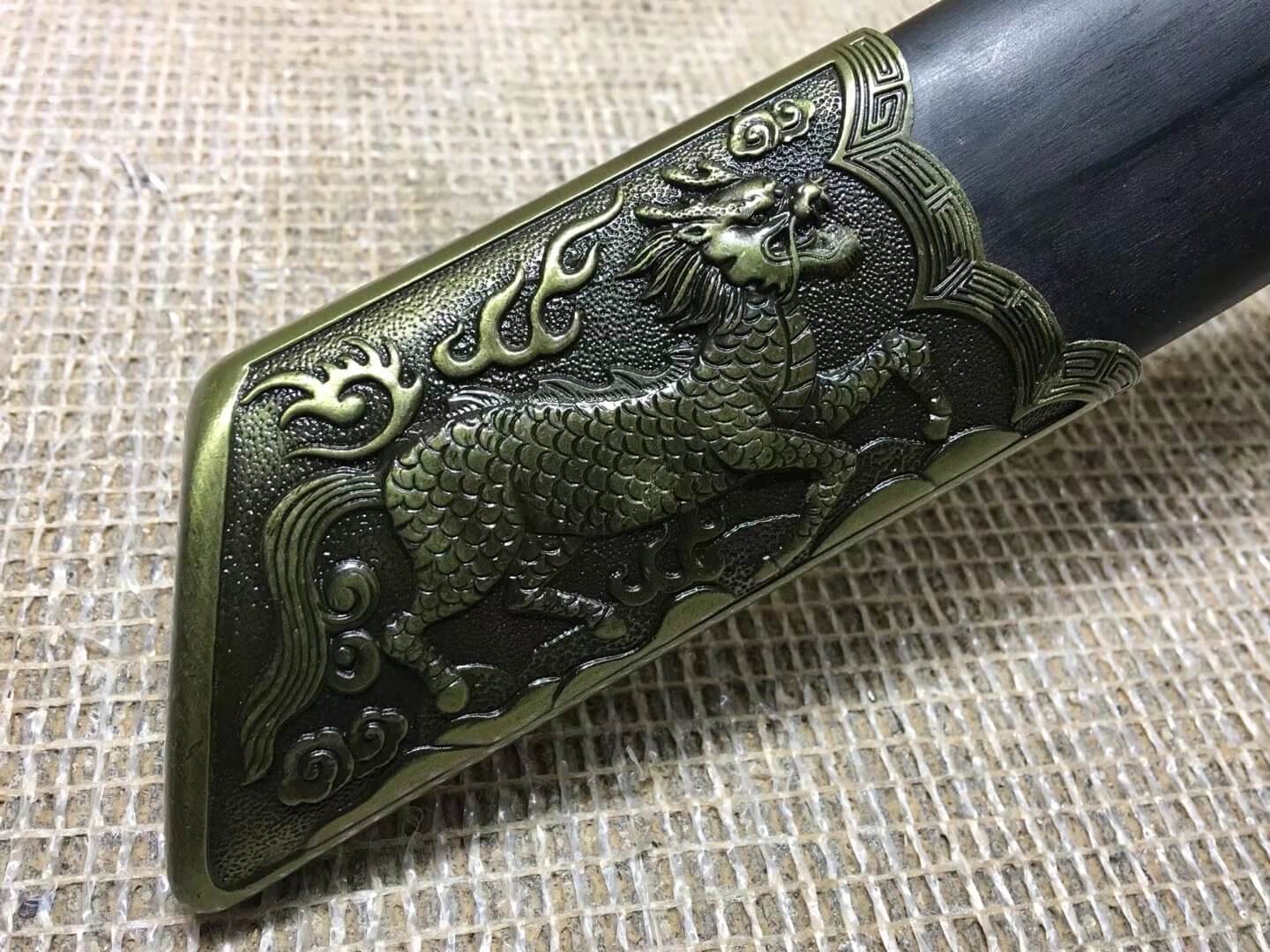 Kangxi dagger,High carbon steel,Black scabbard,Alloy,Length 27" — handle and fittings close-up
