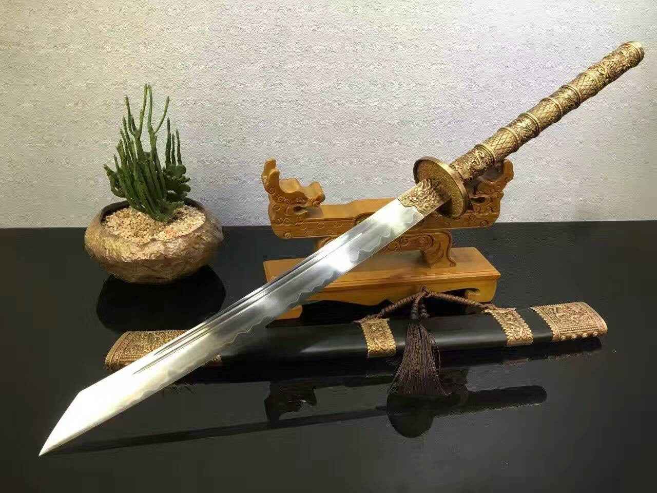Kangxi sword/T10 high carbon steel/Brass carved fitted/Black scabbard — T10 Steel Chinese Sword by DRACBLADE