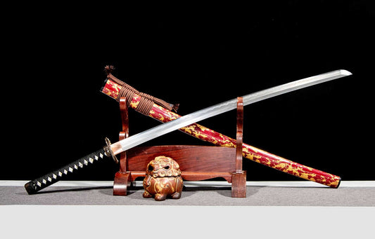Wootz Steel Hamon Katana – 40.9″ with Red Speckled Lacquer Saya, Gilt Brass & Silver Fittings — Folded Damascus Steel Damascus Sword by DRACBLADE