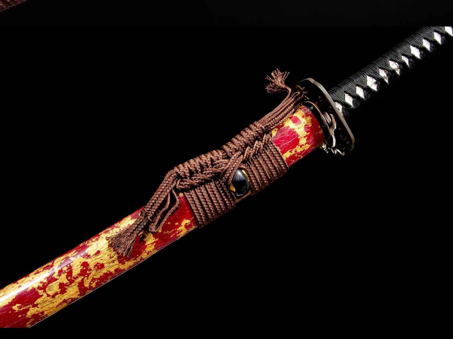 Wootz Steel Hamon Katana – 40.9″ with Red Speckled Lacquer Saya, Gilt Brass & Silver Fittings — blade and hamon detail