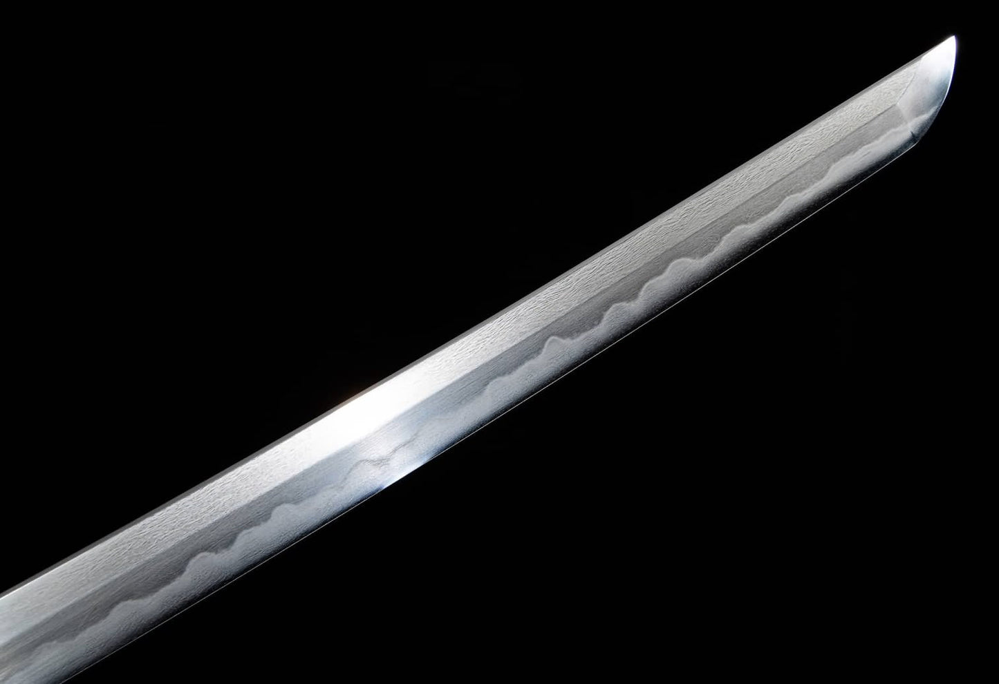 Wootz Steel Hamon Katana – 40.9″ with Red Speckled Lacquer Saya, Gilt Brass & Silver Fittings — alternate angle view 5