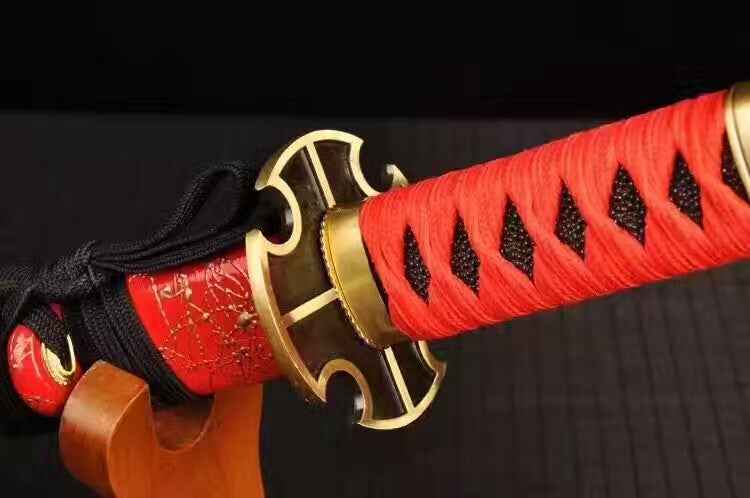 Samurai sword,High carbon steel burn blade,Red scabbard,Alloy tsuba,Full tang — close-up detail view