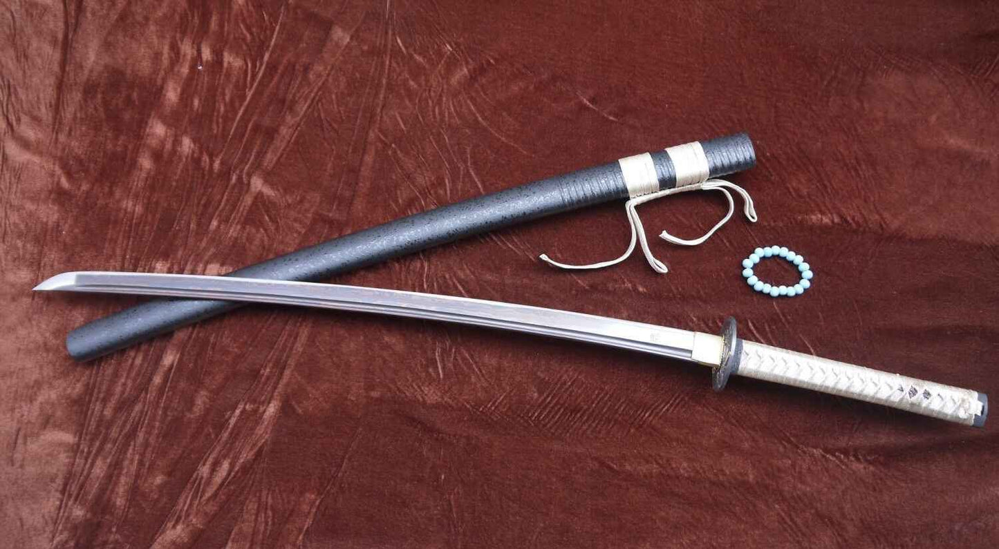 Samurai war sword Katana/Damascus steel blade/Alloy tosogu Full tang — close-up detail view
