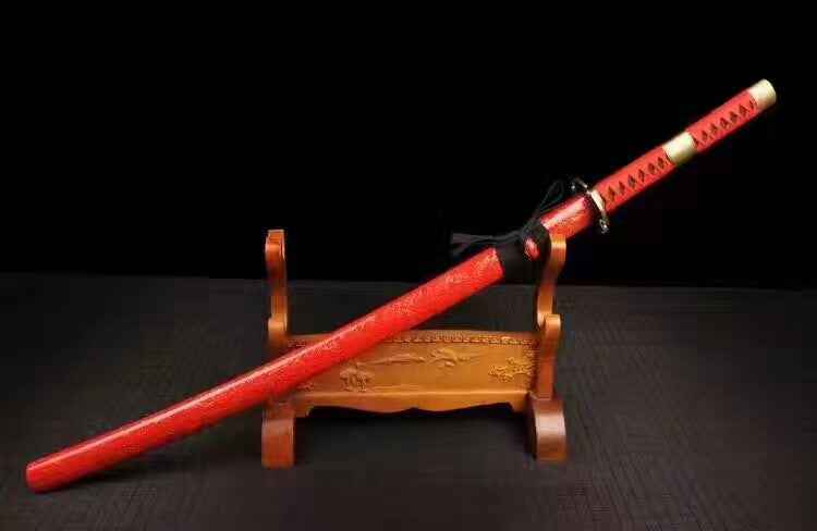 Samurai sword,High carbon steel burn blade,Red scabbard,Alloy tsuba,Full tang — blade and hamon detail