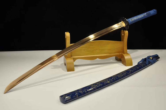 katana(Damascus steel gold blade,Wood scabbard,Alloy fittings)Full tang — Folded Damascus Steel Damascus Sword by DRACBLADE