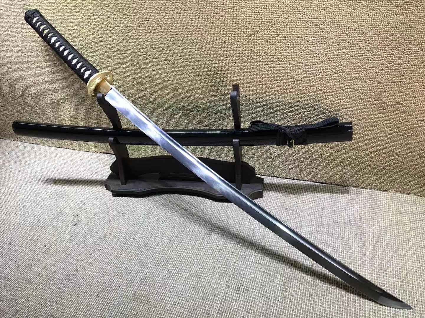 Katana(Copper fitted,Medium carbon steel,Black scabbard)Full tang,Length 40" — close-up detail view