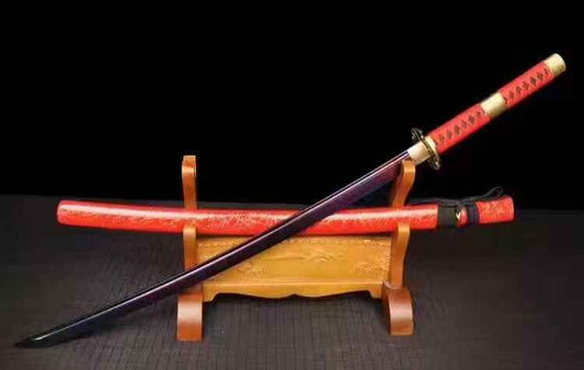 Samurai sword,High carbon steel burn blade,Red scabbard,Alloy tsuba,Full tang — High Carbon Steel Chinese Sword by DRACBLADE