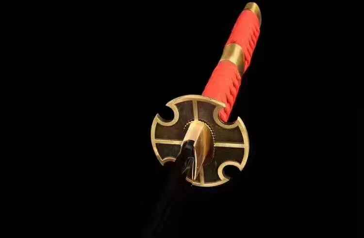 Samurai sword,High carbon steel burn blade,Red scabbard,Alloy tsuba,Full tang — handle and fittings close-up