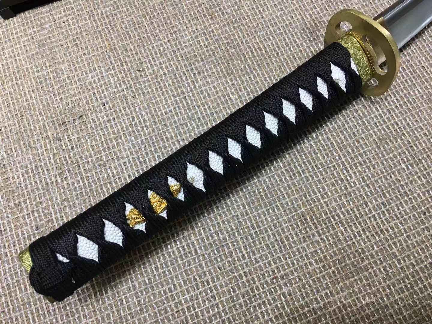 Katana(Copper fitted,Medium carbon steel,Black scabbard)Full tang,Length 40" — blade and hamon detail